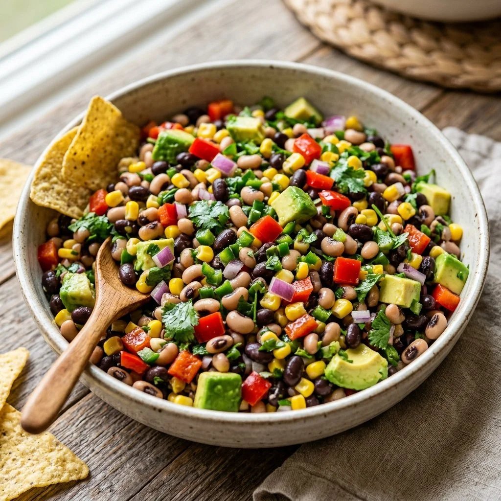 Bowl of colorful Cowboy Caviar with beans, corn, and veggies