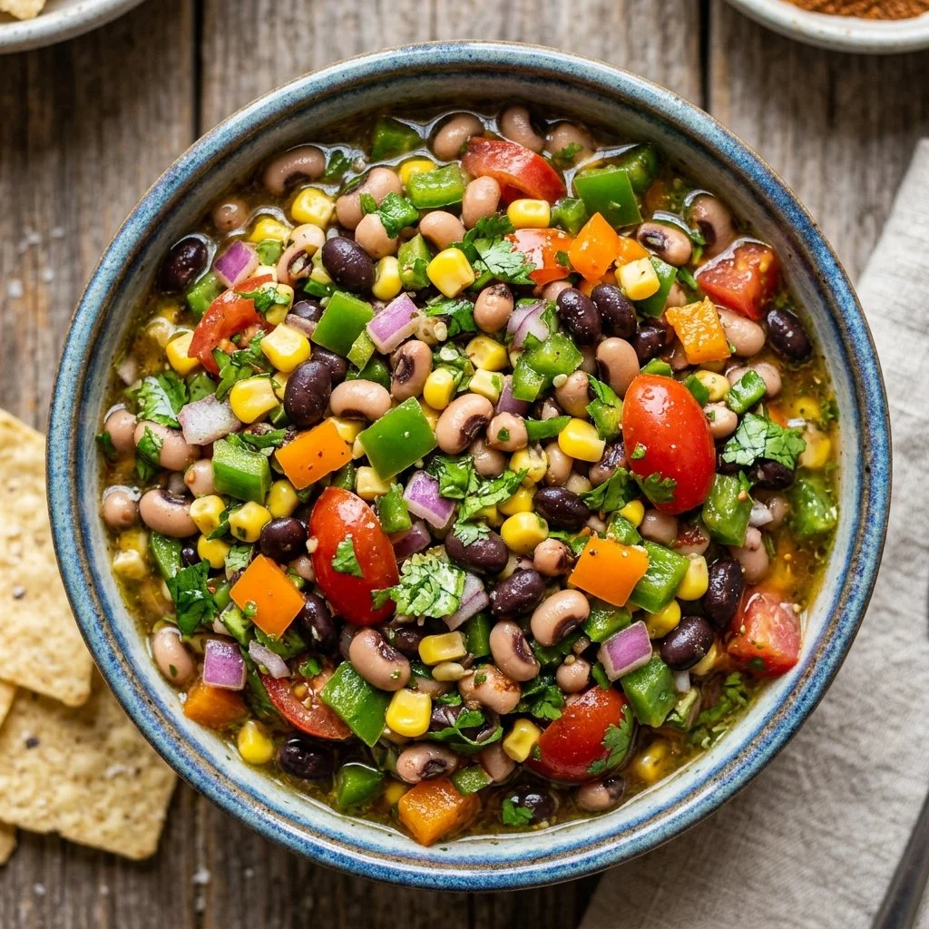 Bowl of colorful Cowboy Caviar dip made with beans, corn, and vegetables.