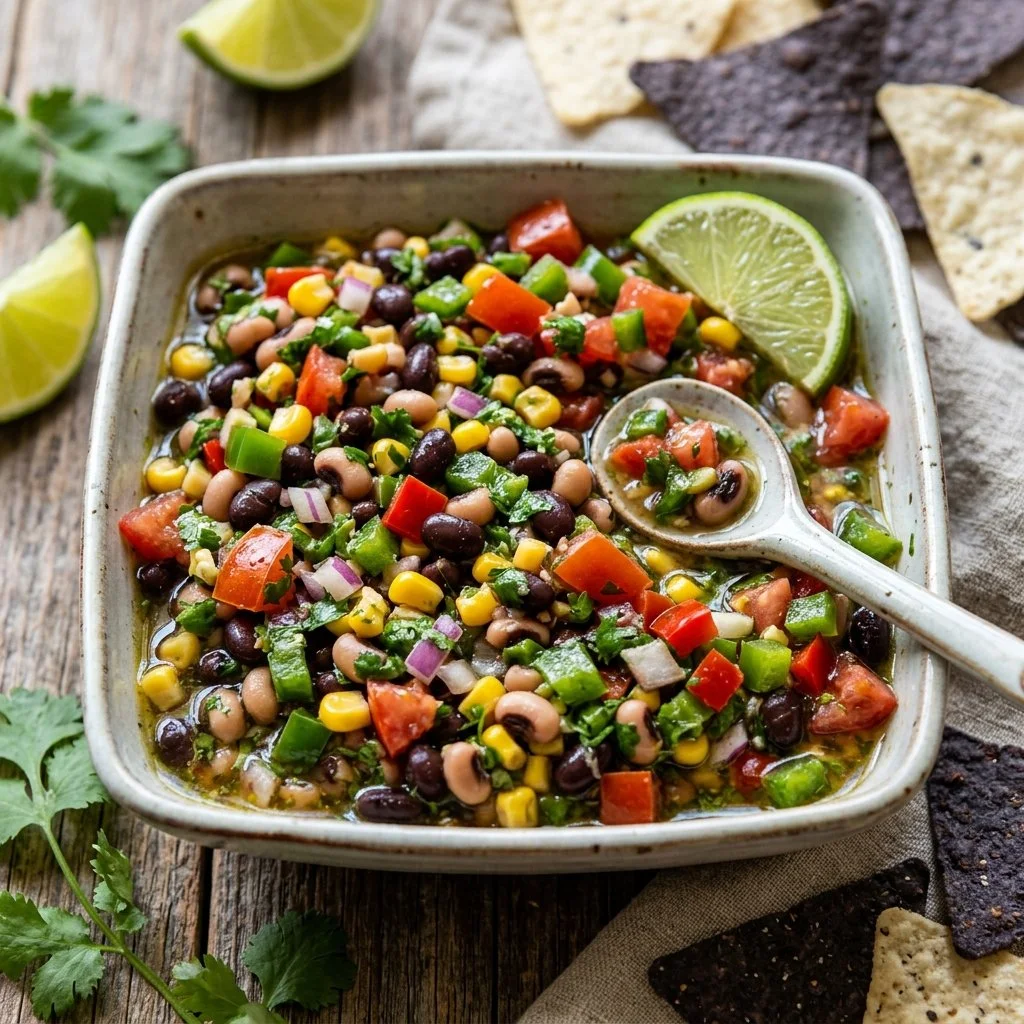 Bowl of colorful Cowboy Caviar with beans, corn, and vegetables