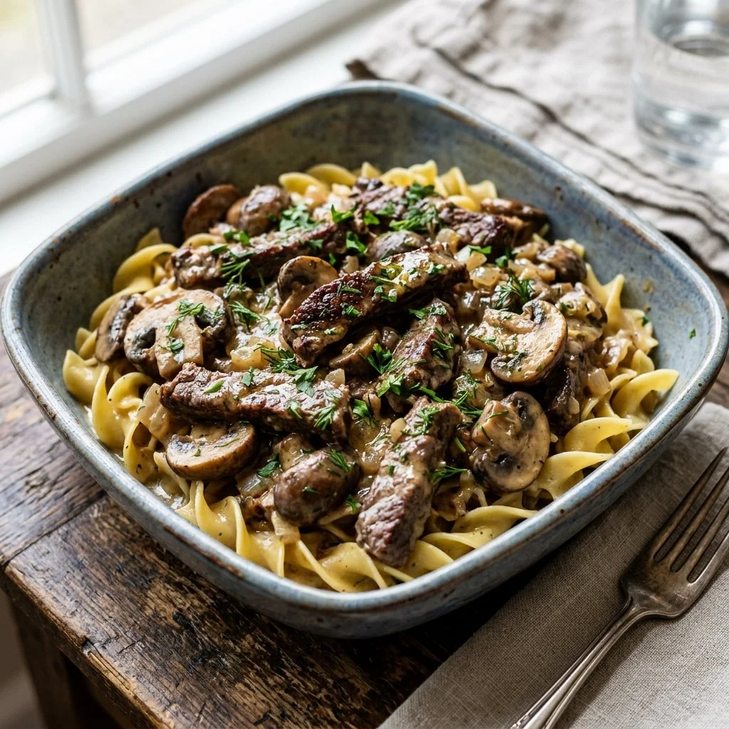 Delicious creamy beef stroganoff served in a bowl
