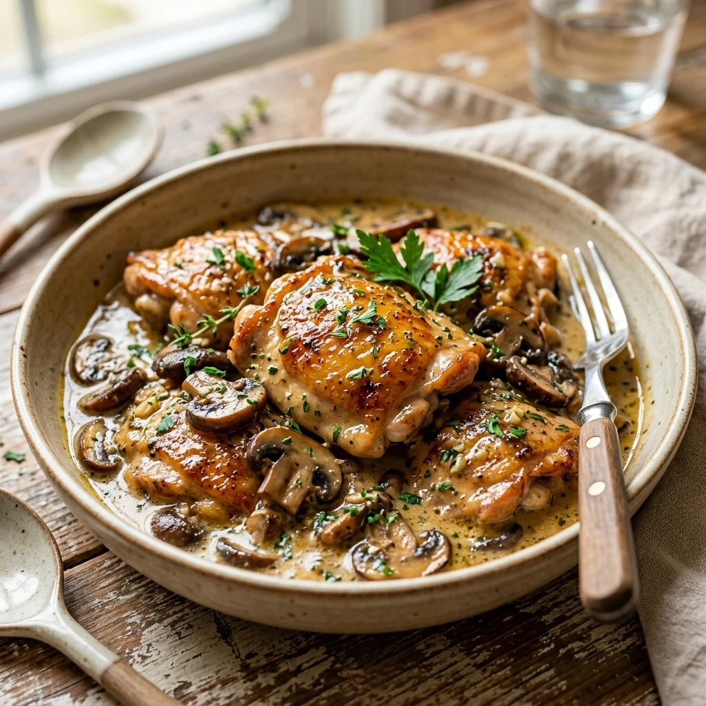 Creamy mushroom chicken dish served on a plate with fresh herbs.