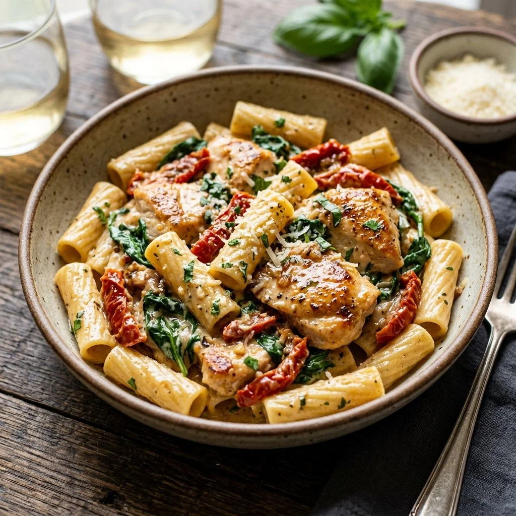 Creamy Tuscan chicken pasta with spinach and sun-dried tomatoes in a delicious sauce