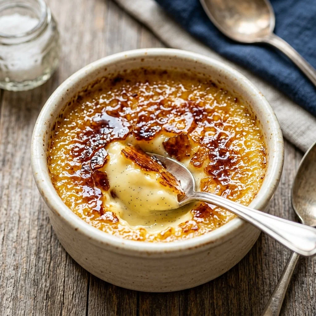 Delicious creme brulee with a caramelized sugar topping in a dessert dish