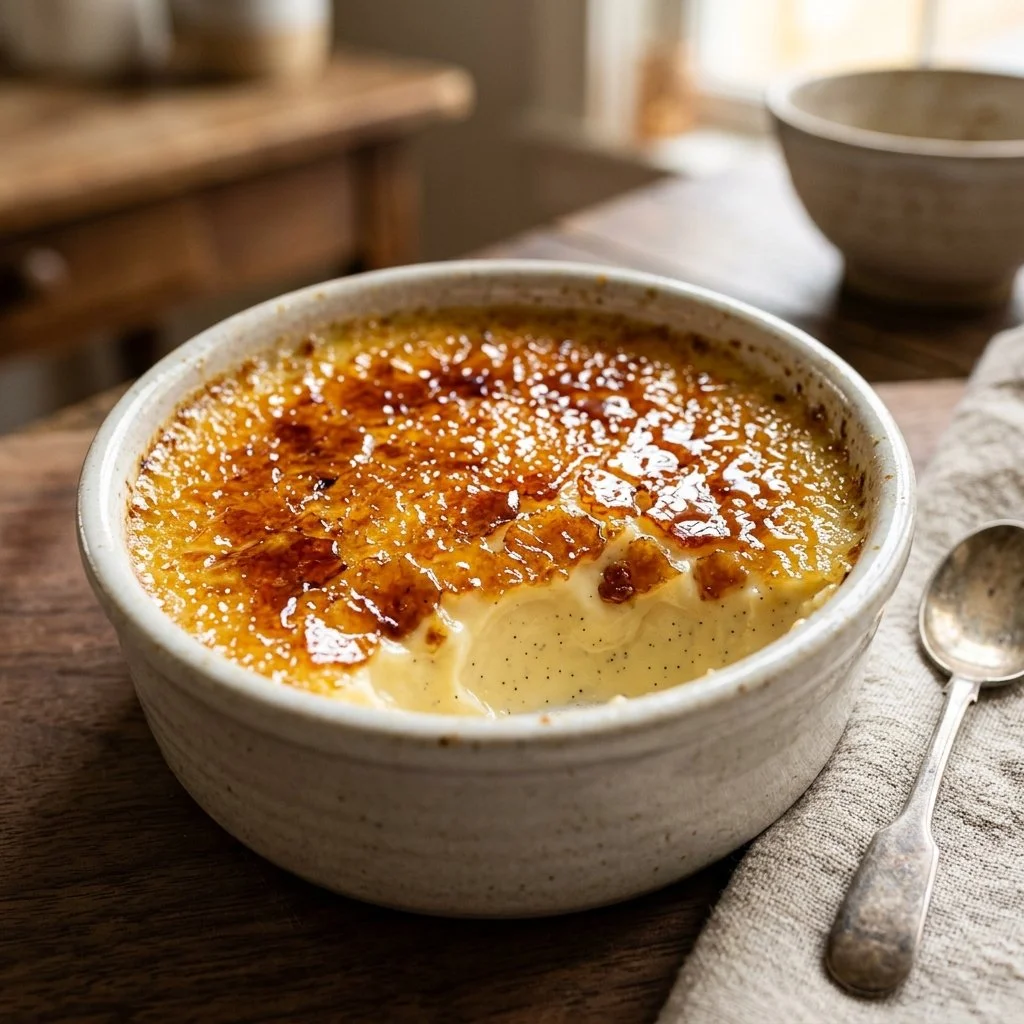 Delicious Creme Brulee dessert with caramelized sugar layer on top.