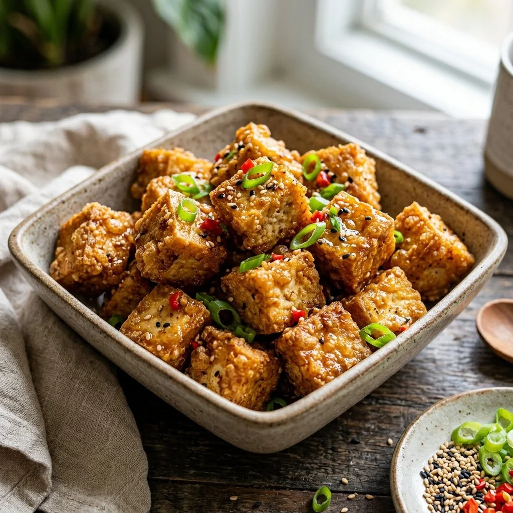 Crispy air fryer tofu served with vegetables on a plate
