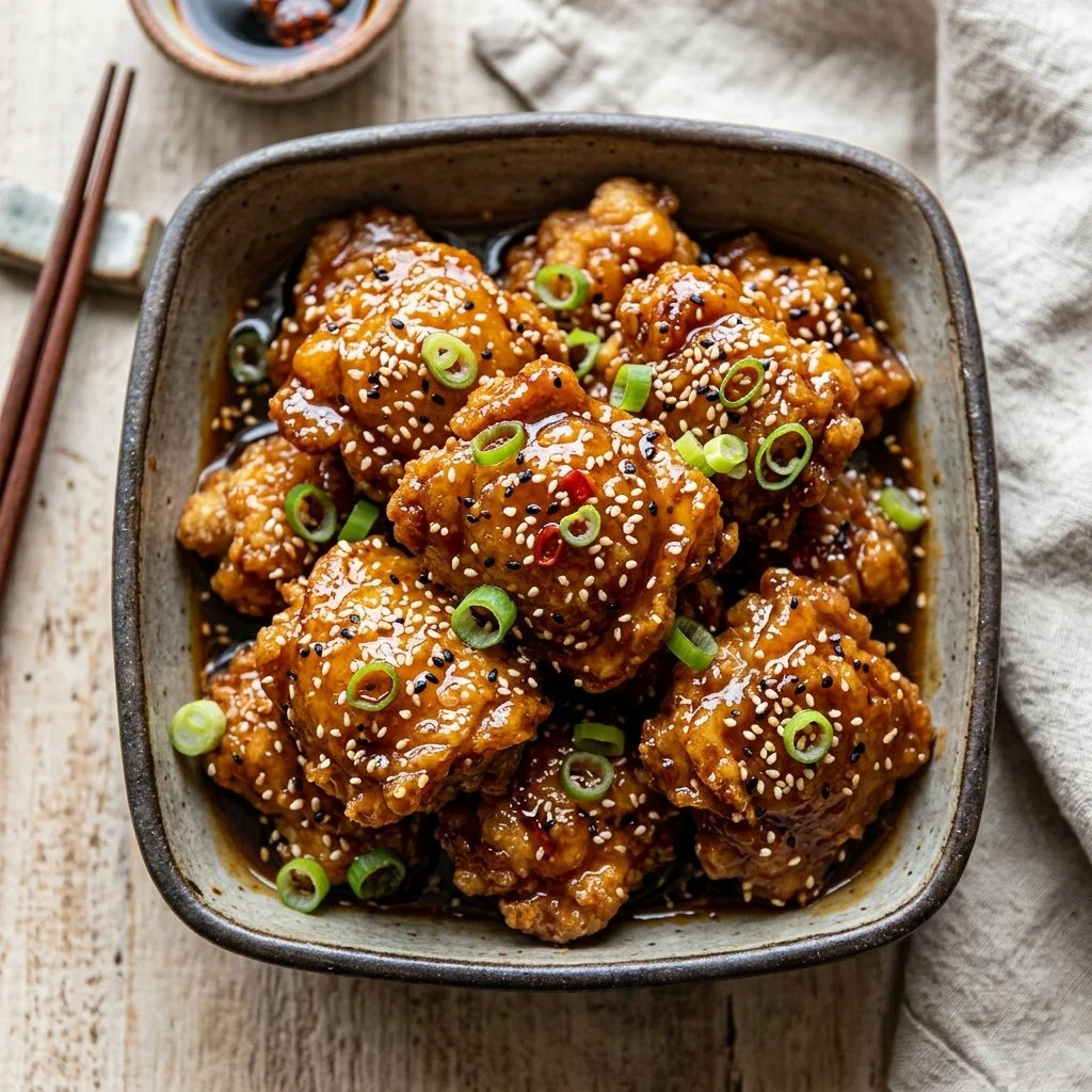 Delicious crispy sesame chicken garnished with sesame seeds and green onions.