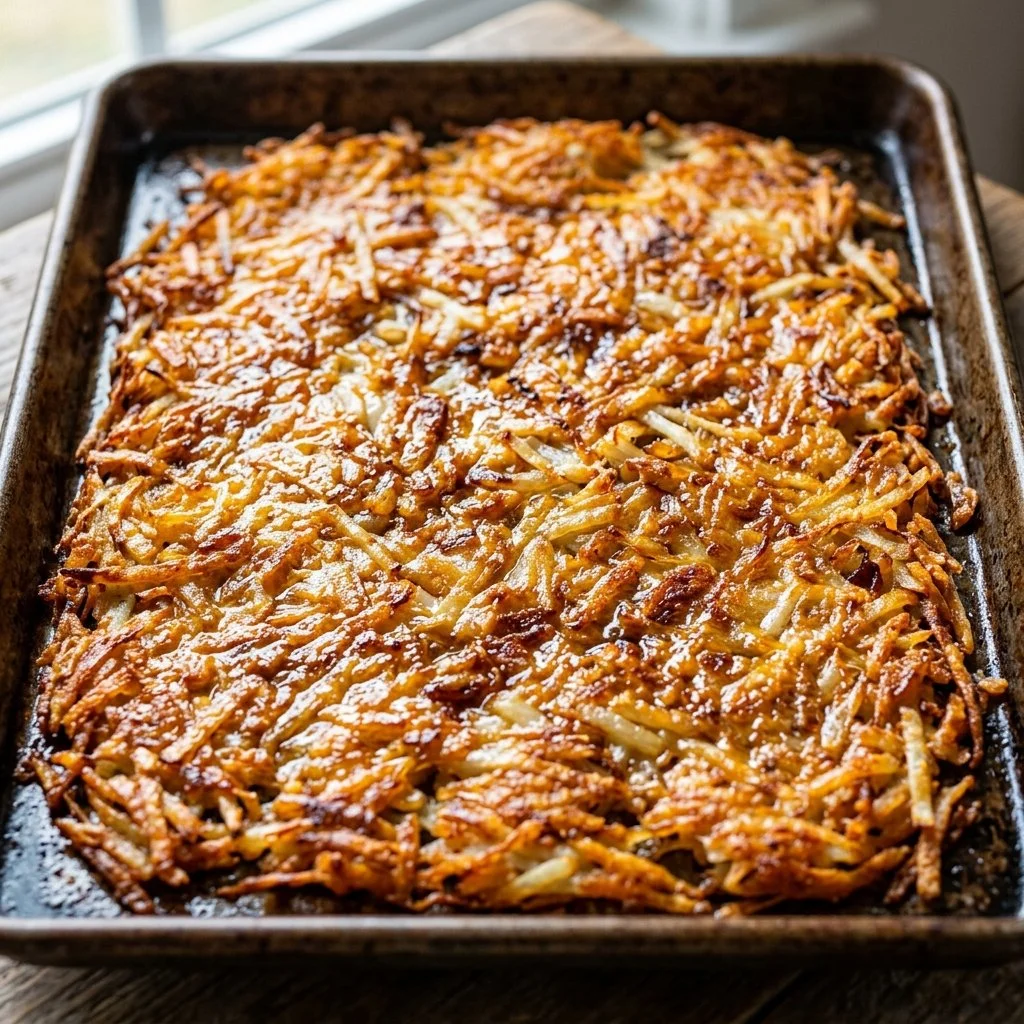 Crispy sheet pan hash browns served on a plate, golden and delicious.
