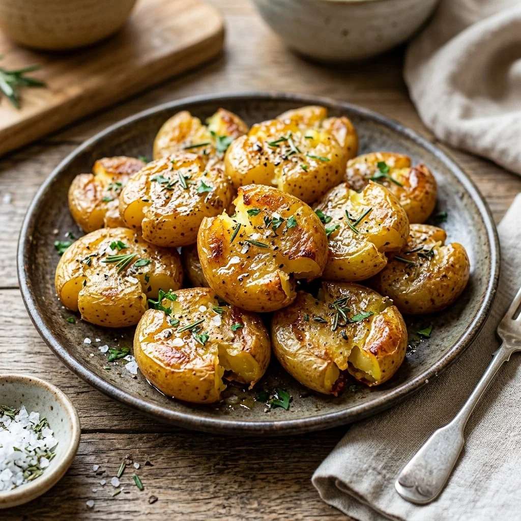 Plate of crispy smash potatoes topped with herbs and spices