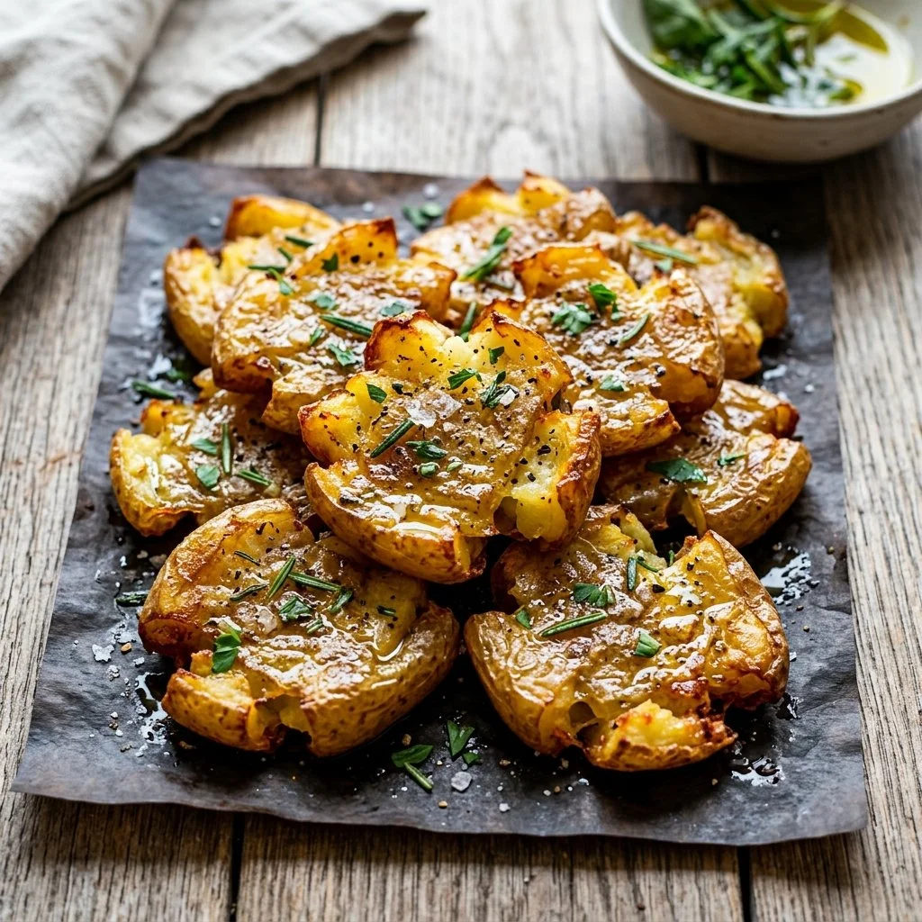 A plate of crispy smashed potatoes with herbs and seasoning.