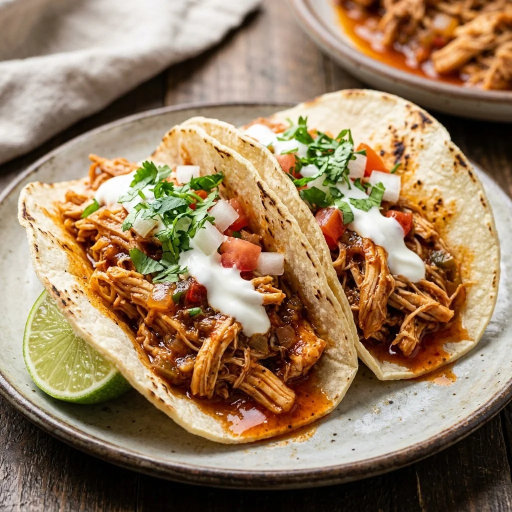 Delicious Crockpot Chicken Tacos served on a plate