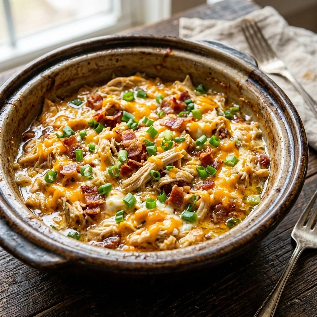 Delicious Crockpot Crack Chicken served in a bowl with toppings