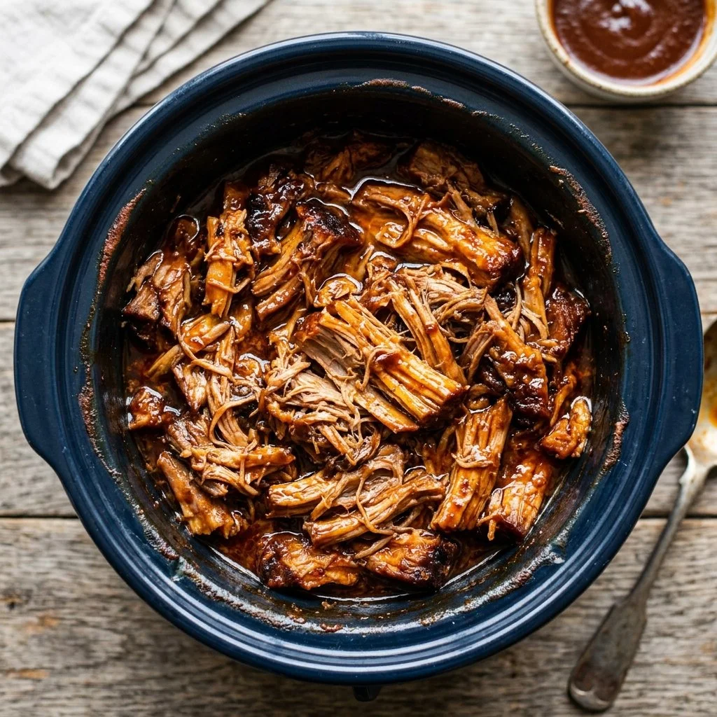 Delicious crockpot pulled pork served with barbecue sauce on a bun