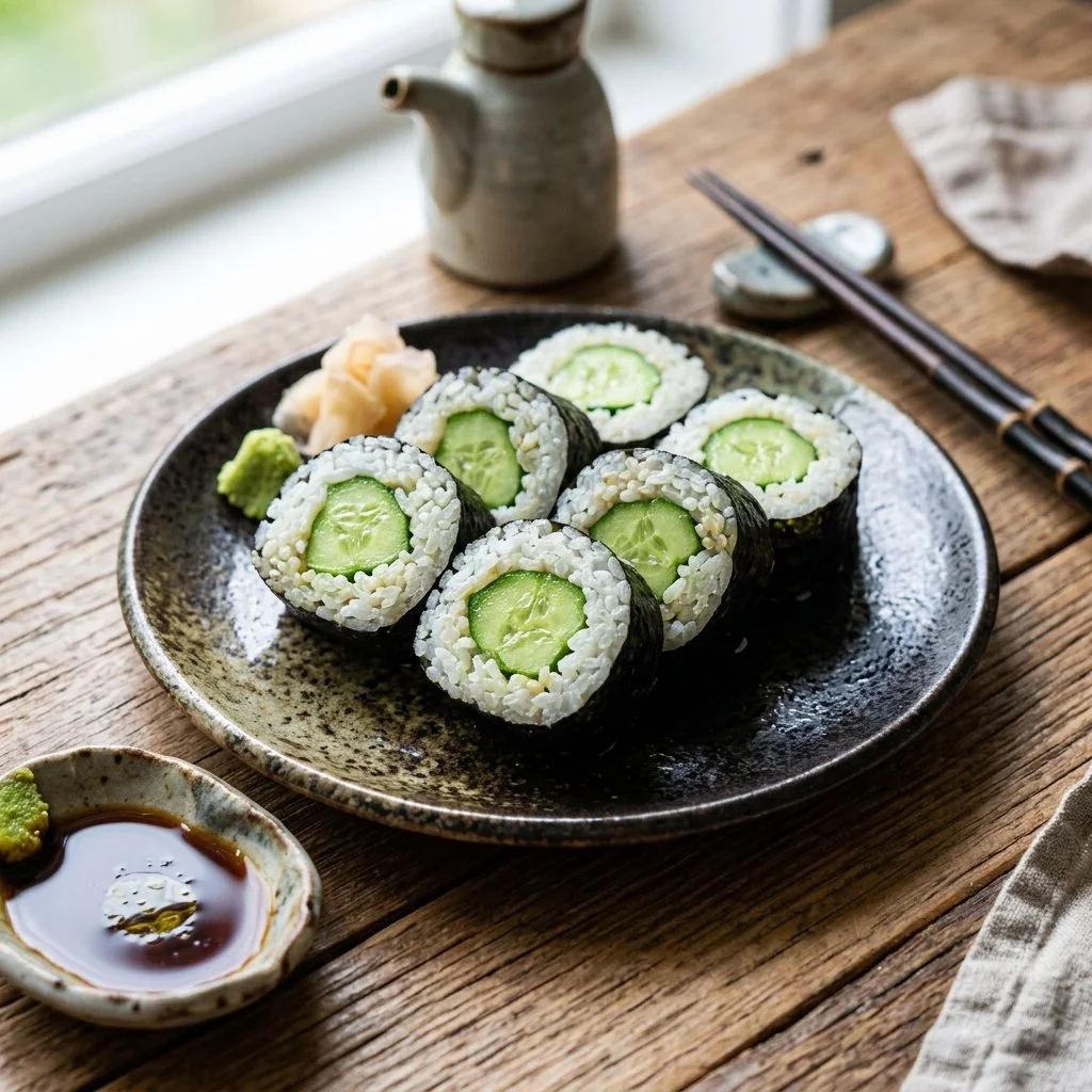 Fresh cucumber sushi rolls made with vegetables and sushi rice