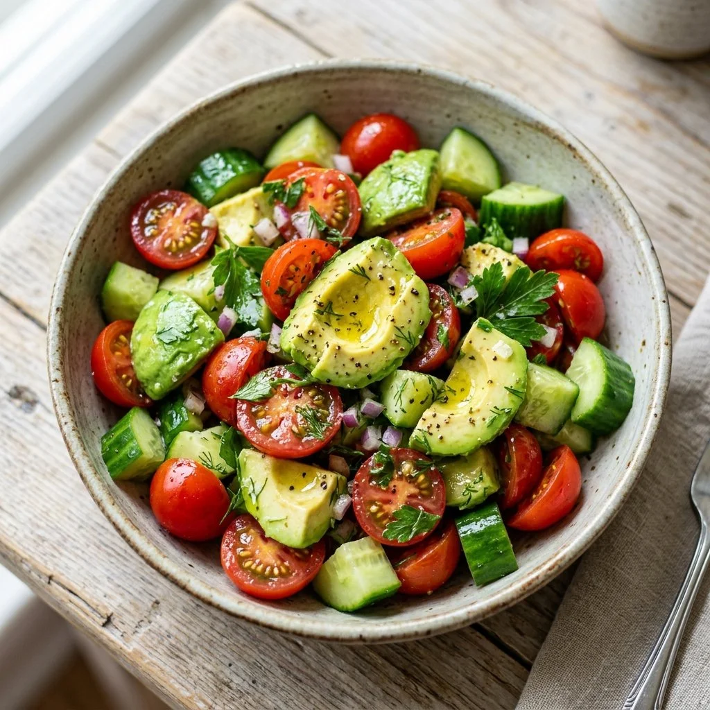 Fresh and vibrant Cucumber Tomato Avocado Salad served in a bowl