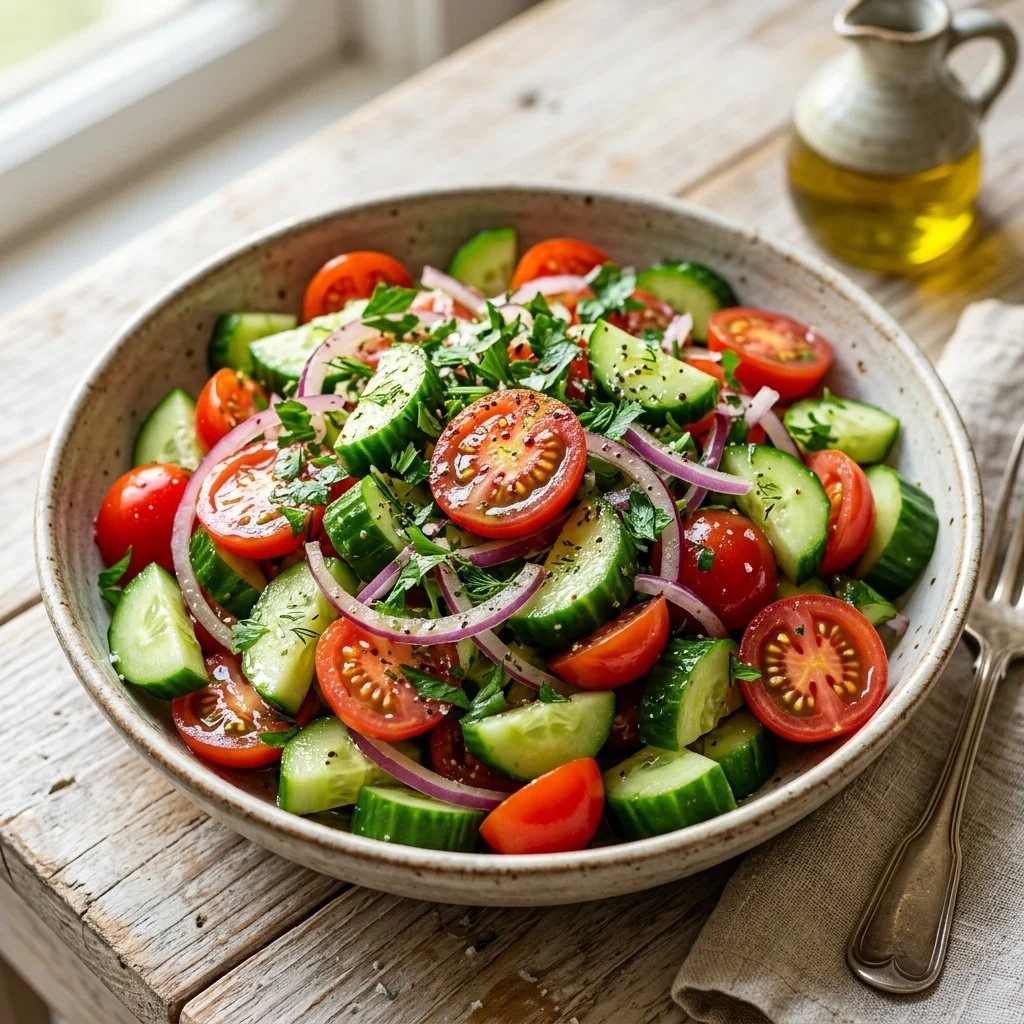 Delicious and refreshing Cucumber Tomato Salad in a bowl