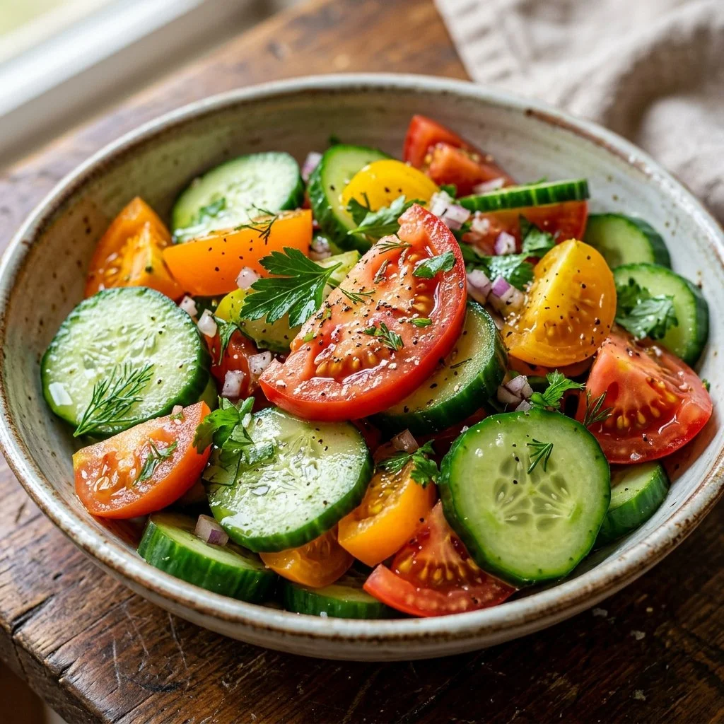 Fresh Cucumber Tomato Salad with herbs and dressing