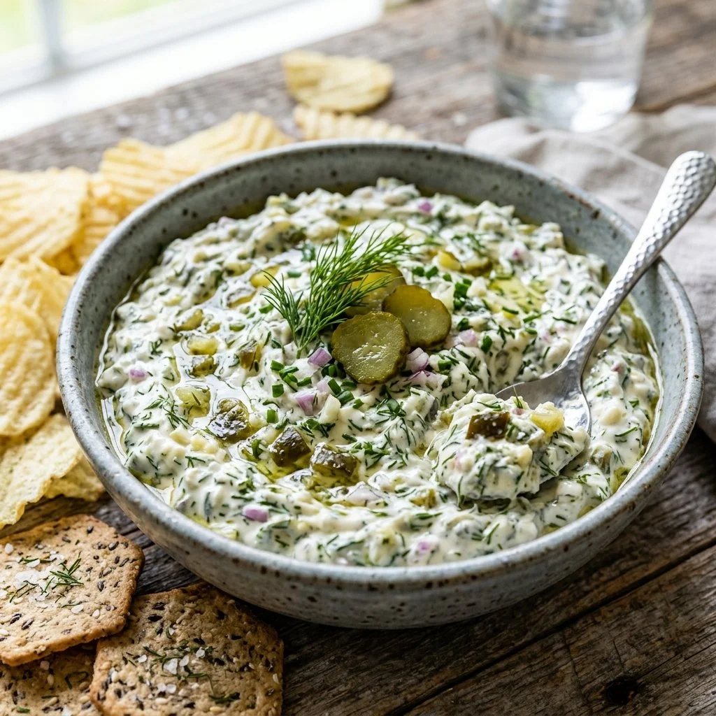 Delicious dill pickle dip served with snacks on a platter