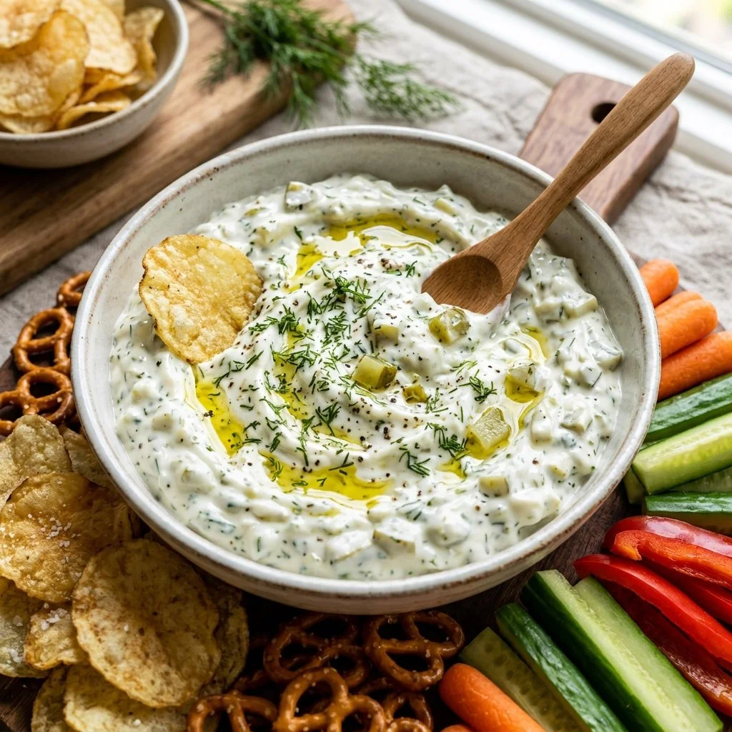 Delectable Dill Pickle Dip served with crunchy veggies and chips