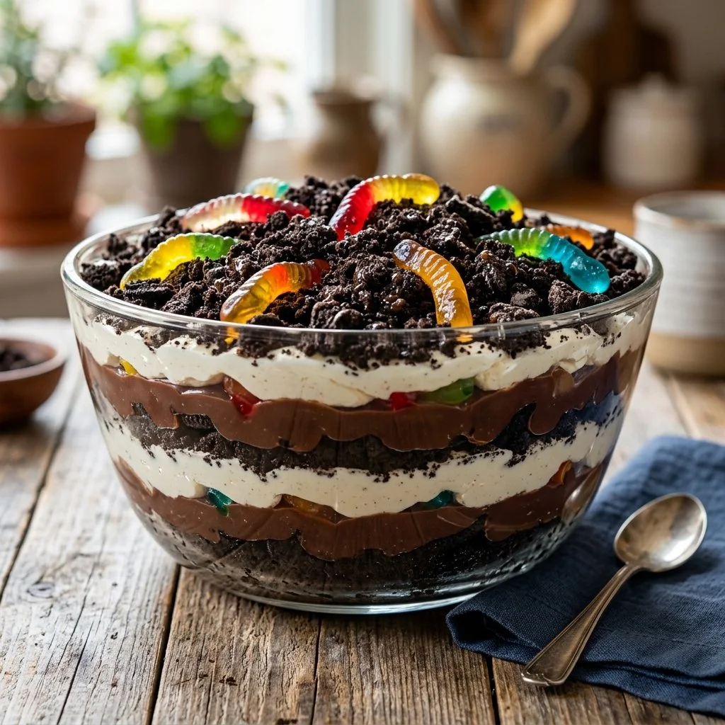 Delicious and fun Dirt Cake served in a decorative pot with gummy worms.