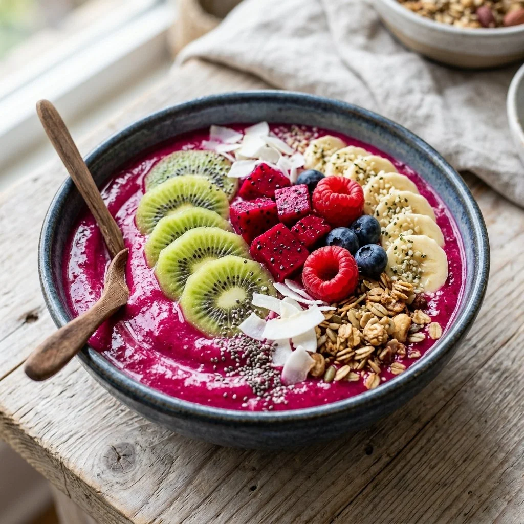 Delicious dragon fruit smoothie bowl topped with fresh fruits and nuts.