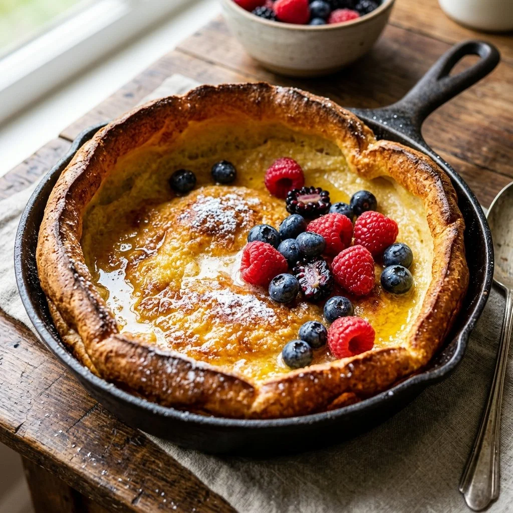 Fluffy Dutch Baby pancake served with fresh fruit and powdered sugar