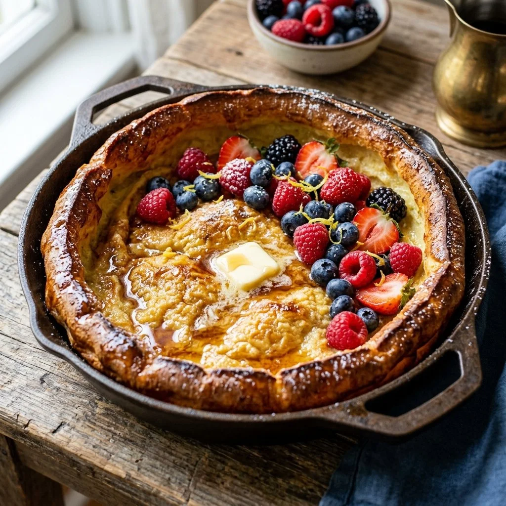 Deliciously fluffy Dutch Baby Pancake topped with fresh fruit and powdered sugar