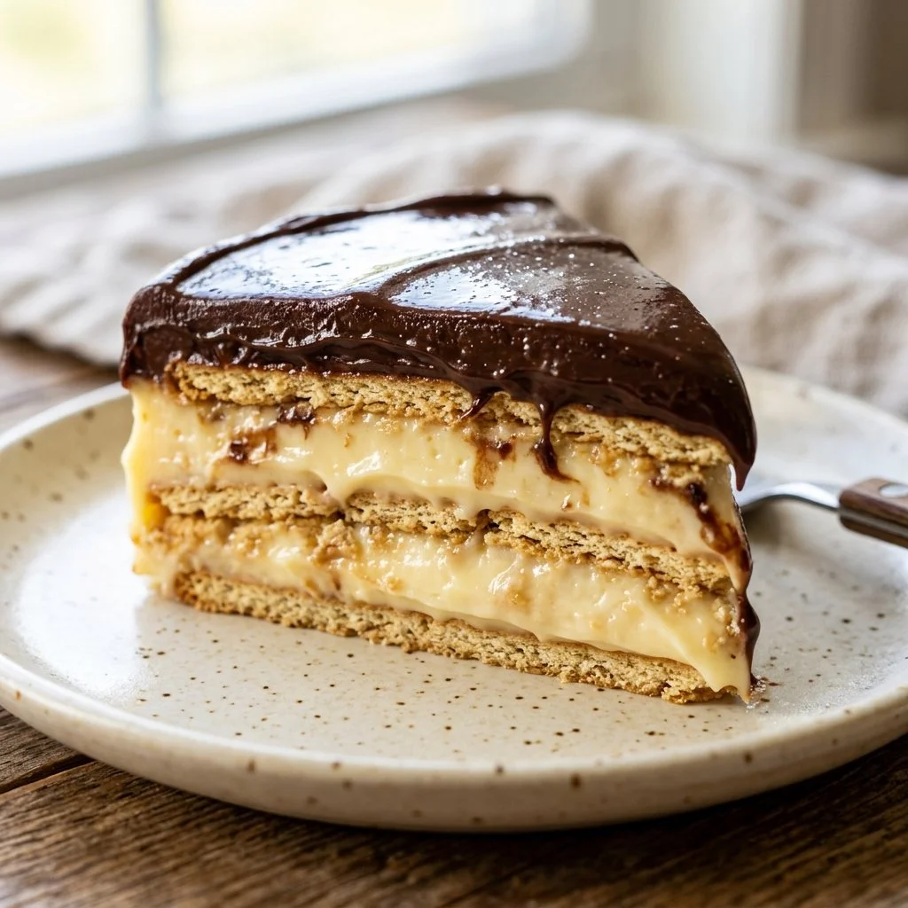 Delicious Eclair Icebox Cake layered with chocolate and creamy filling