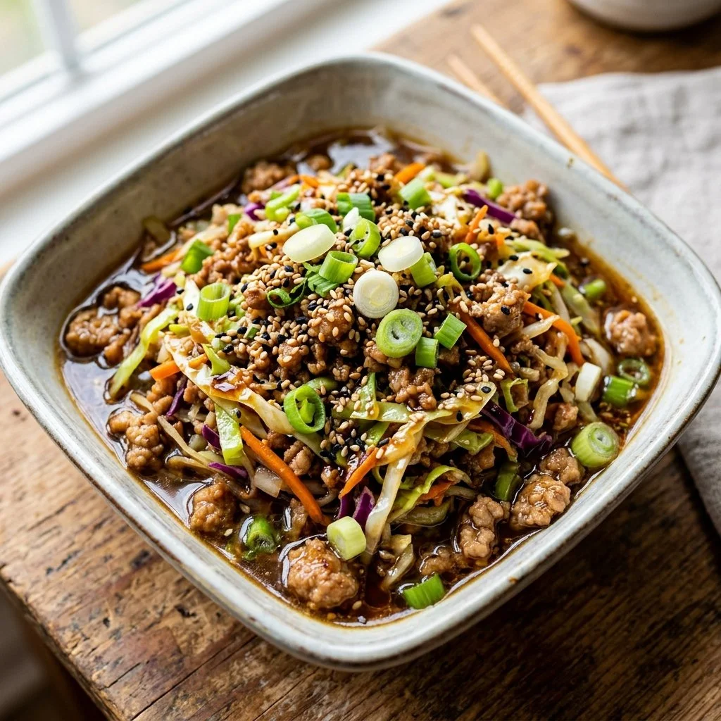 Delicious Egg Roll in a Bowl with fresh vegetables and spices