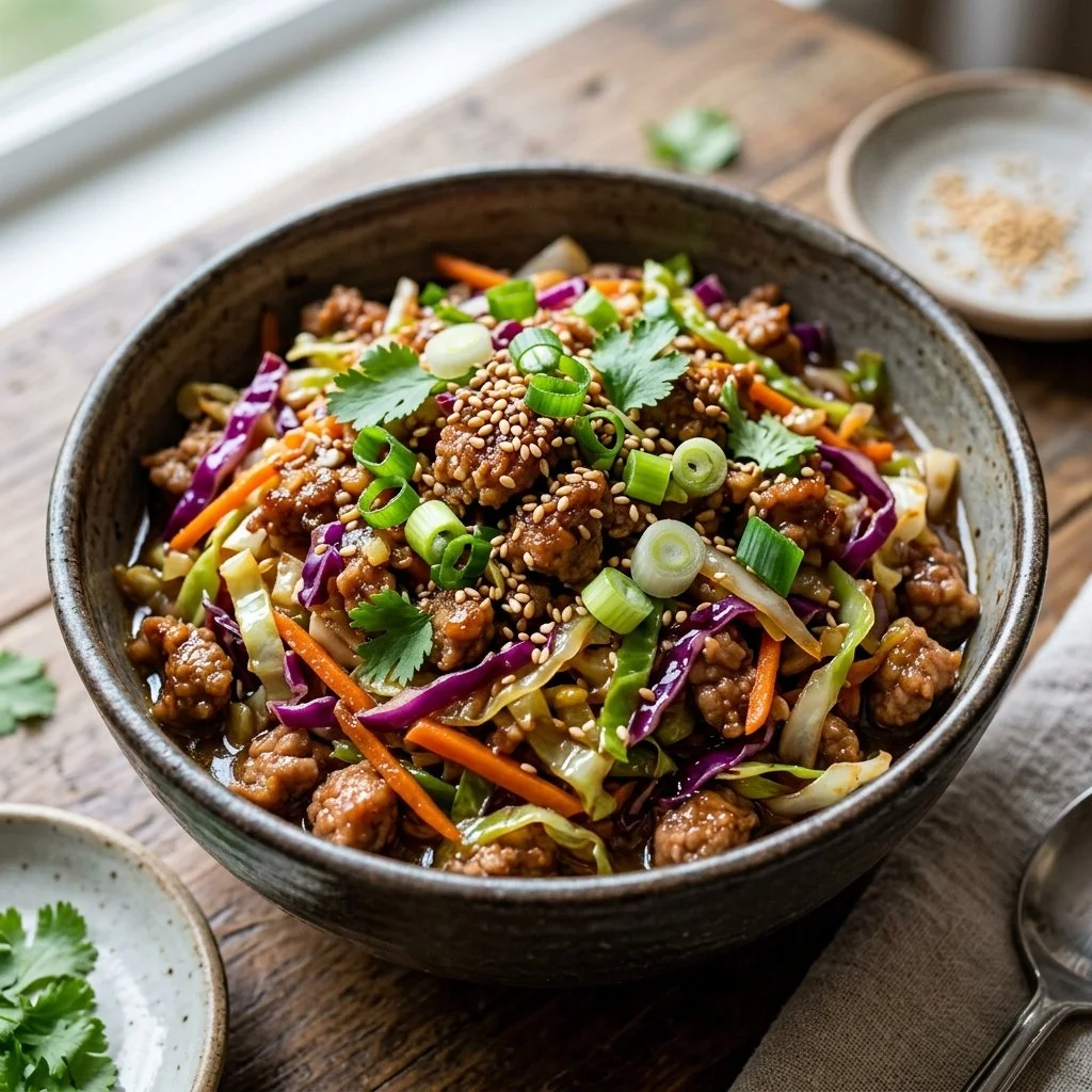 Delicious Egg Roll In A Bowl with fresh vegetables and savory meat.