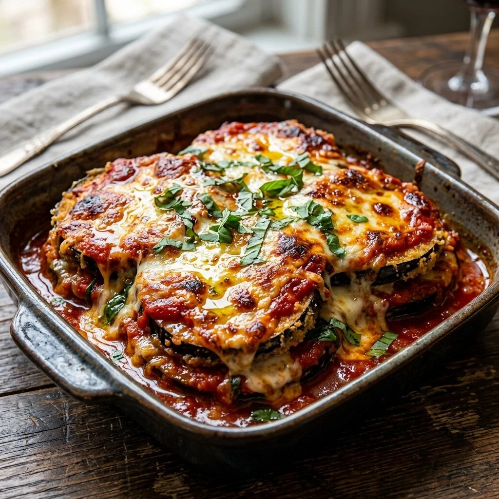 Delicious homemade Eggplant Parmesan served with fresh basil and marinara sauce.