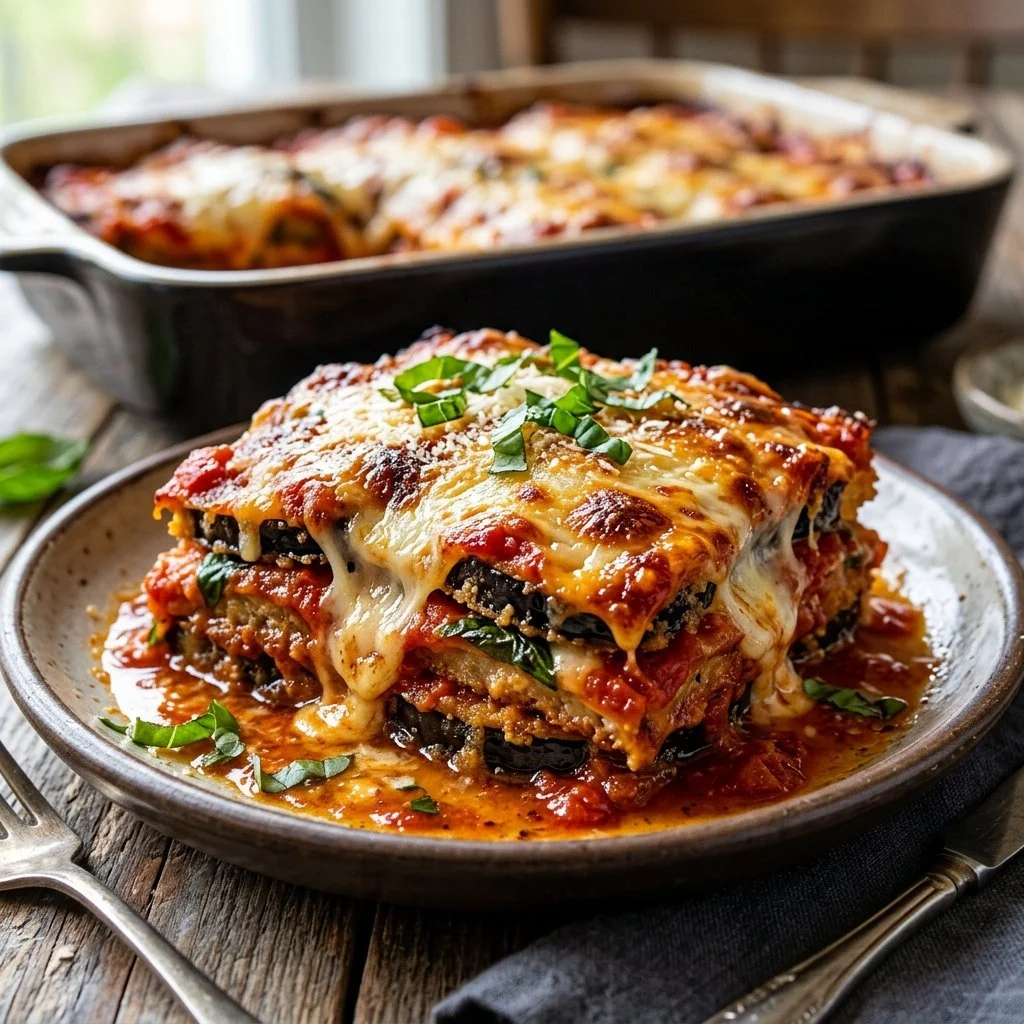 Delicious Eggplant Parmesan with layers of eggplant, marinara sauce, and melted cheese