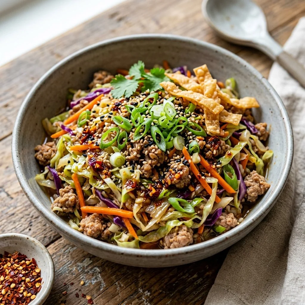 Delicious eggroll in a bowl with colorful vegetables and savory meat.