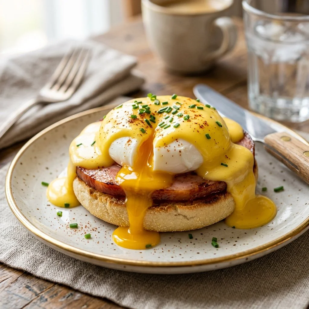 Delicious Eggs Benedict with poached eggs and hollandaise sauce on a toasted muffin