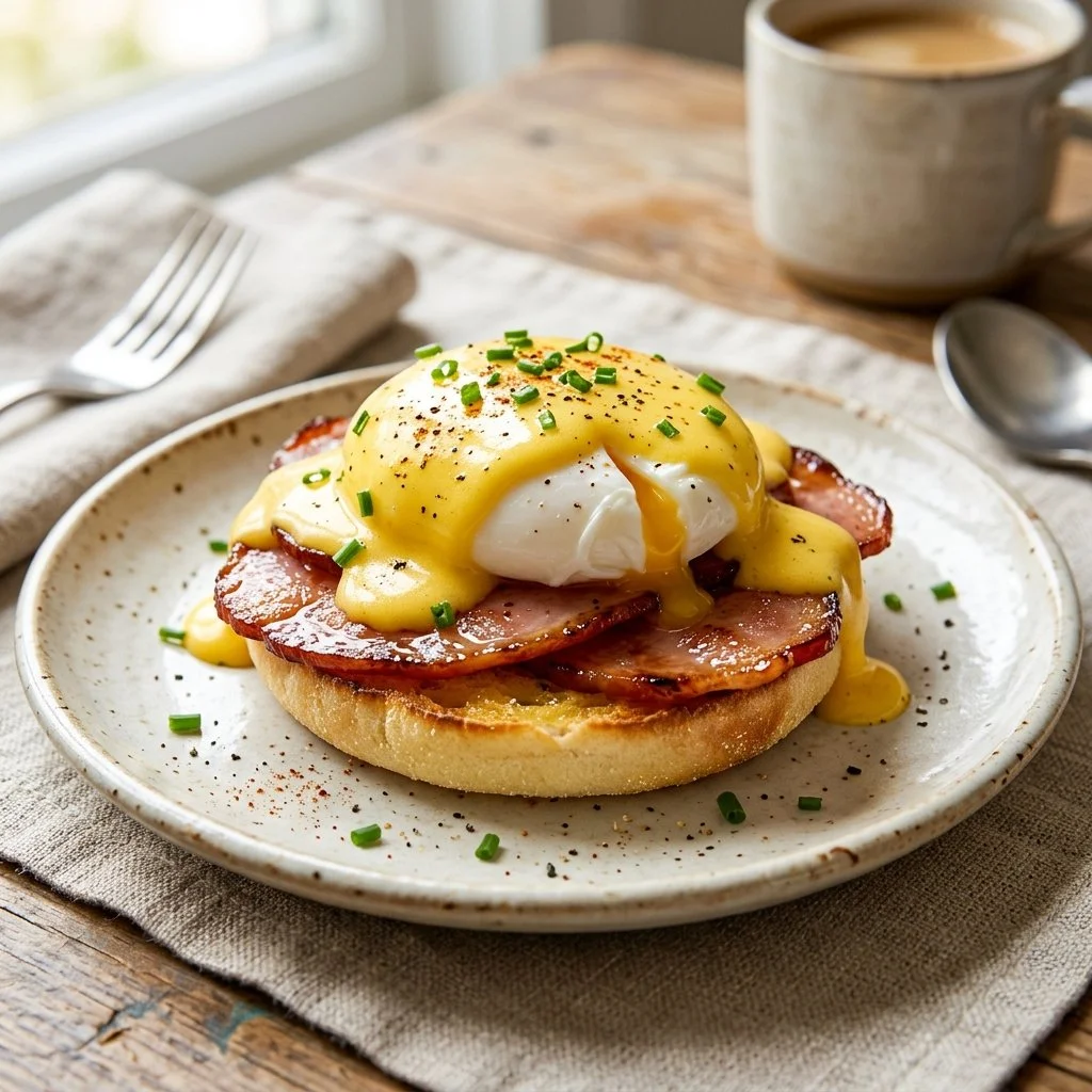 Delicious Eggs Benedict served on a plate with poached eggs and hollandaise sauce