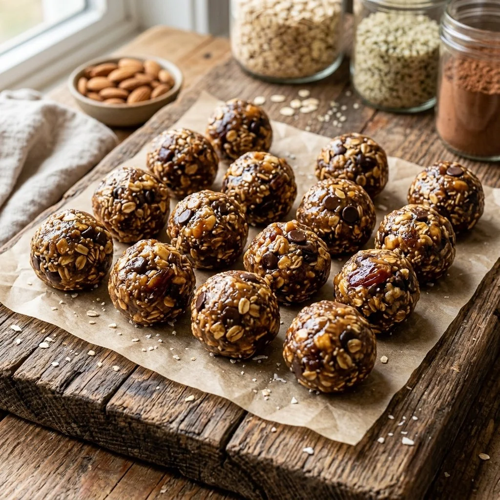 A variety of homemade energy bites made with nuts and dried fruits.