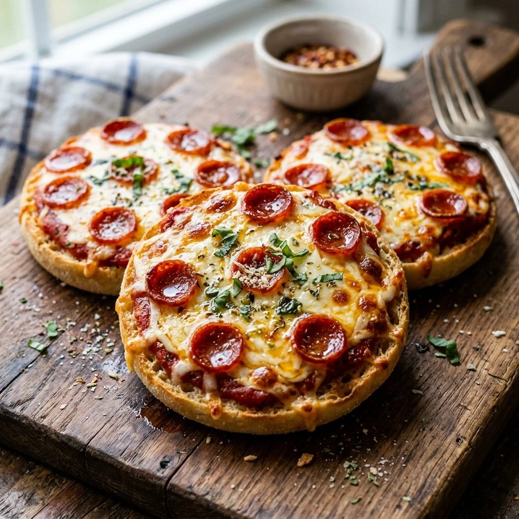 Delicious homemade English muffin pizzas topped with cheese and pepperoni