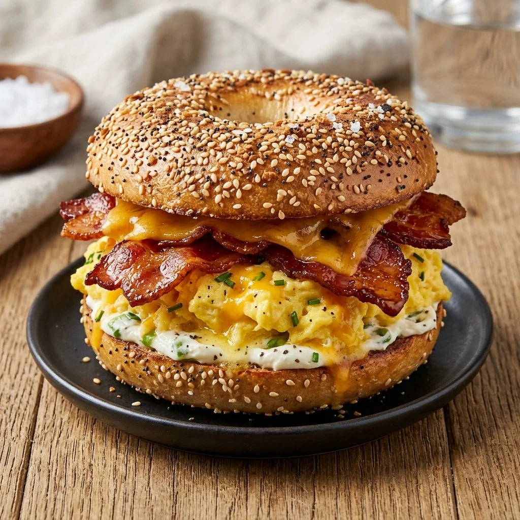 Everything Bagel Breakfast Sandwich with egg, cheese, and veggies