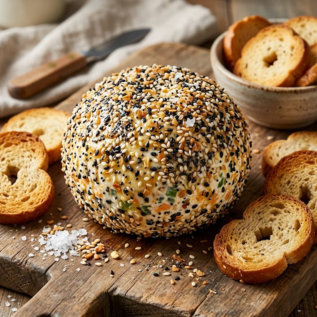 Everything Bagel Cheese Ball served with crackers and vegetables
