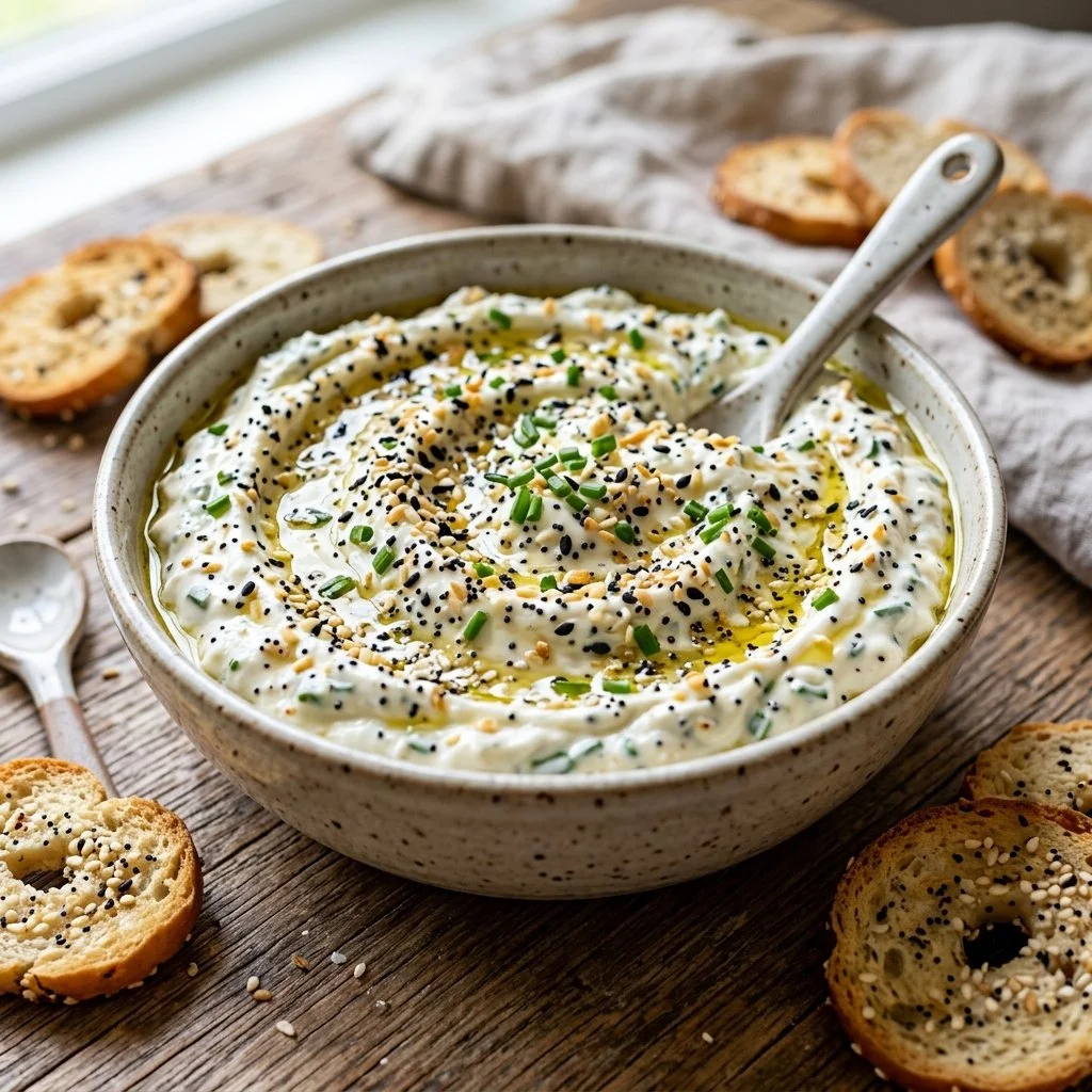 Creamy Everything Bagel Dip served with fresh veggies and crackers