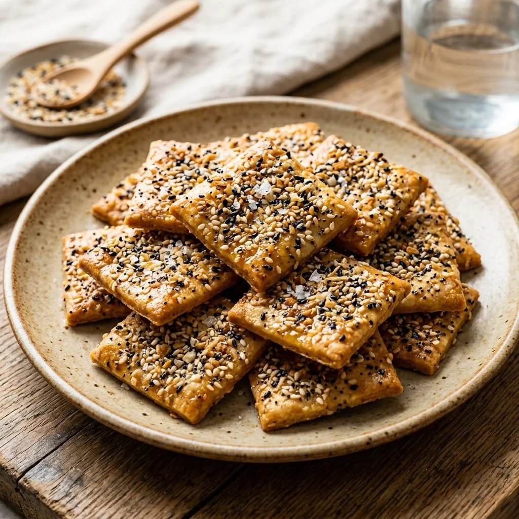 Everything Bagel Seasoning crackers on a wooden platter