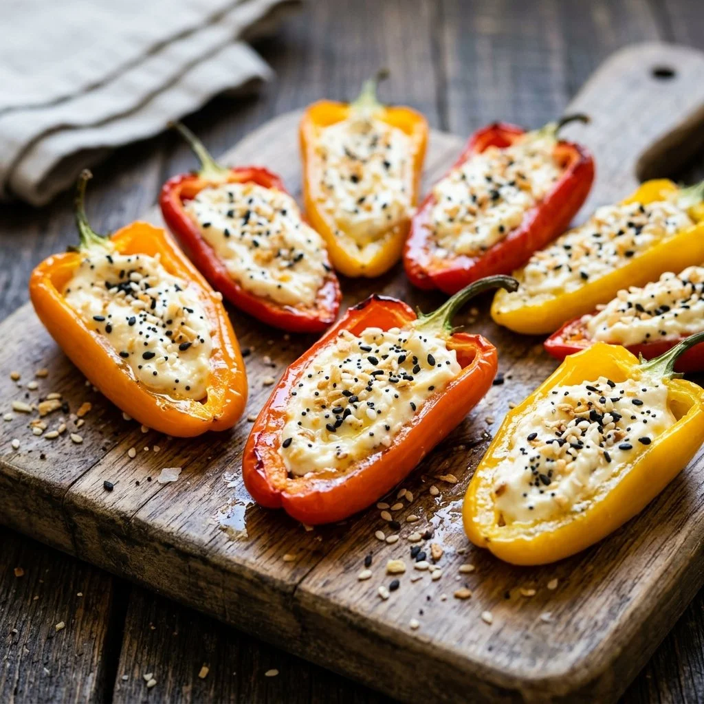 Mini peppers stuffed with everything bagel filling, ideal for appetizers.