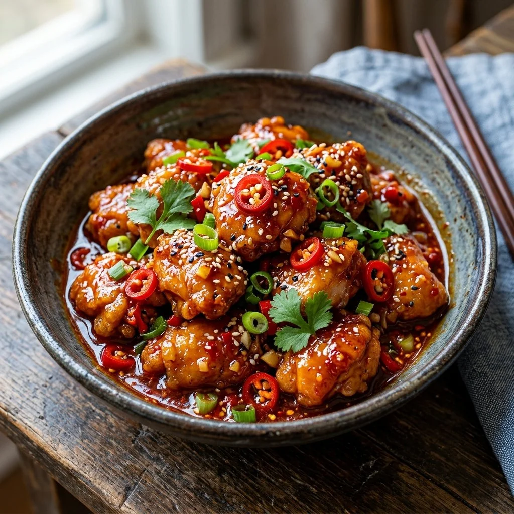 Spicy Firecracker Chicken with vibrant garnishes and sauce