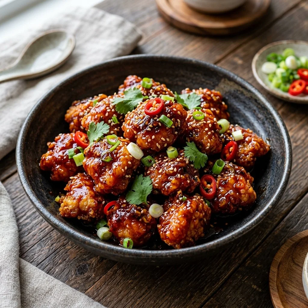 Deliciously spicy Firecracker Chicken served on a plate with garnishes.