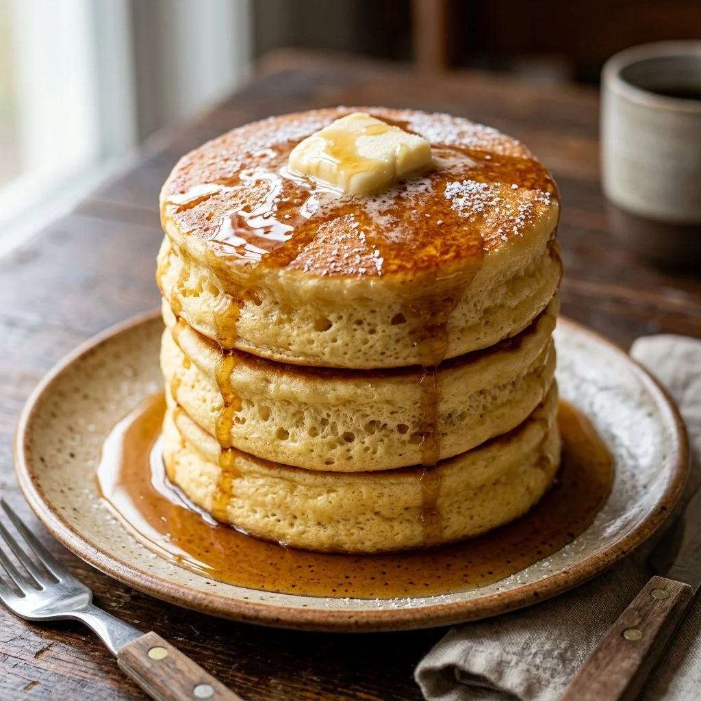 Fluffy Japanese pancakes stacked on a plate with syrup and fruit