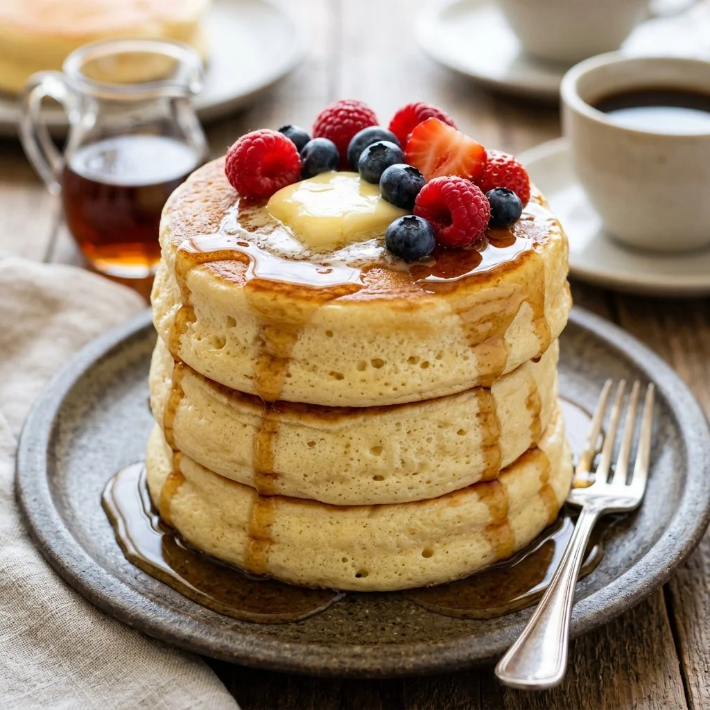 Fluffy Japanese pancakes stacked on a plate with syrup and fruits