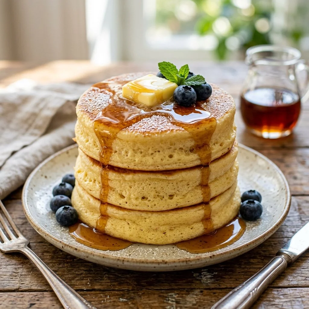Delicious fluffy Japanese pancakes stacked with syrup and fruit