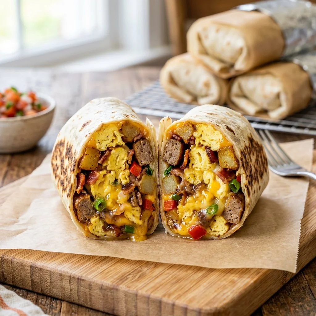 Delicious homemade freezer breakfast burritos ready for quick breakfasts