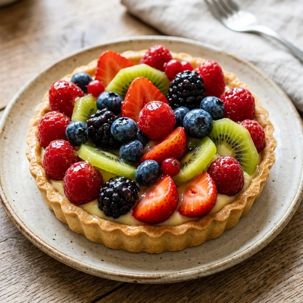 Delicious homemade French Fruit Tart topped with fresh berries and glazed fruits.