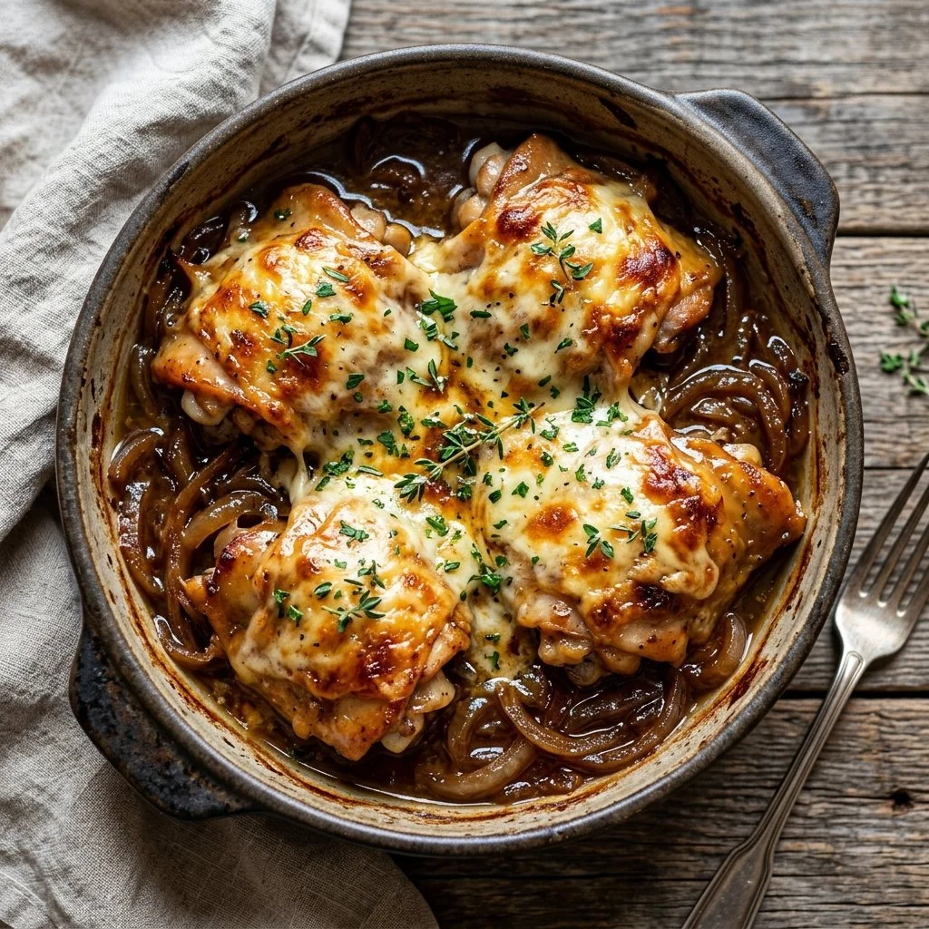 Delicious French Onion Chicken topped with melted cheese and caramelized onions.