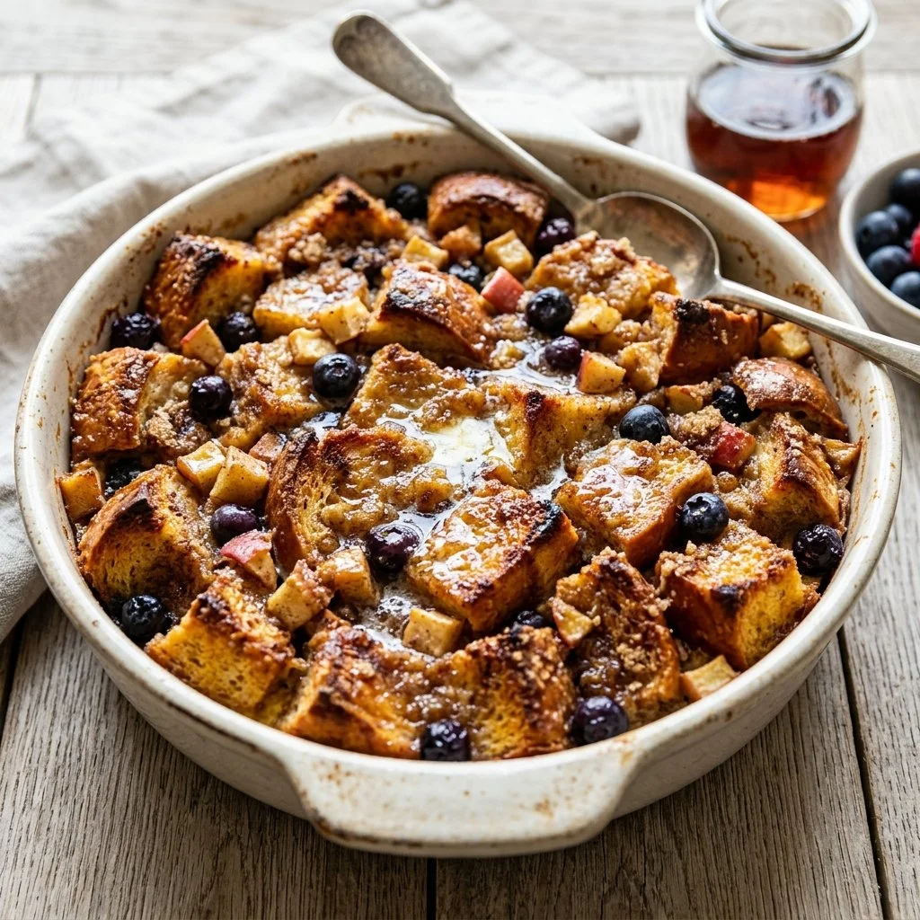 Baked French toast casserole served with syrup and berries on a plate